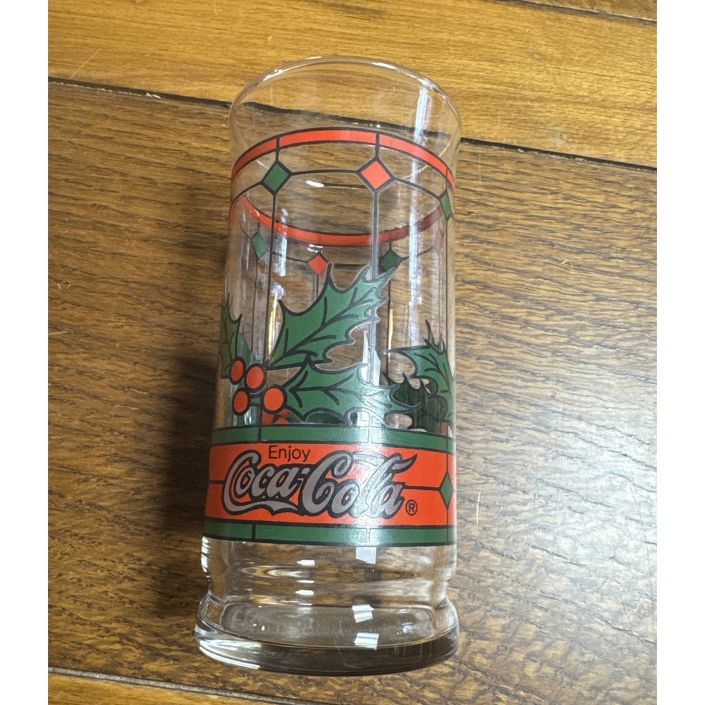 Vintage COCA COLA Christmas Holly Berry Stained Glass Drinking Glass Replacement